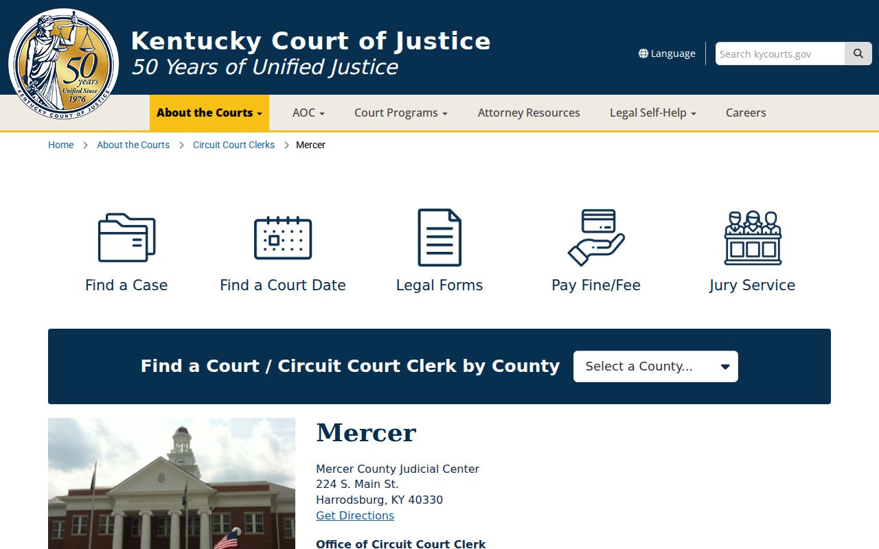 Official Mercer County criminal court page showing the Judicial Center and clerk information