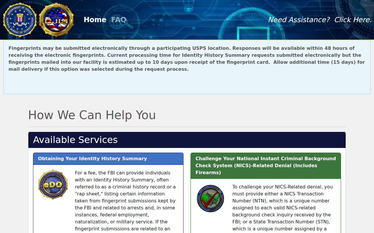 FBI electronic identity history request for a Mercer County criminal history self-review