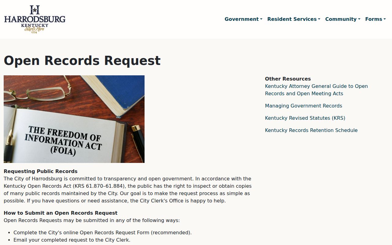 Mercer County arrest history Harrodsburg open records request